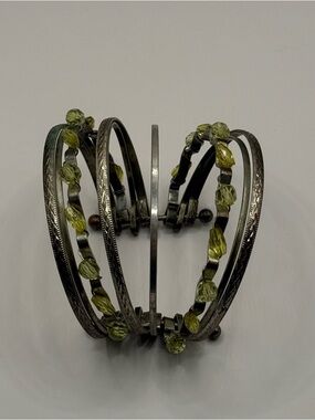 Silver and Peridot Color Rhinestone Cuff Bangle Beaded Bracelet
